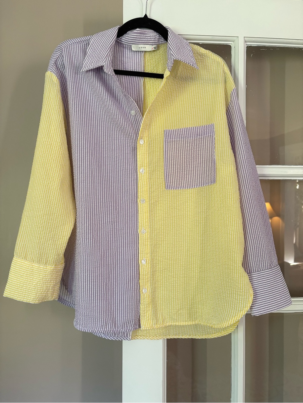 Lush Brand Colorblock Striped Button-Up Shirt in Lavender & Pale Yellow